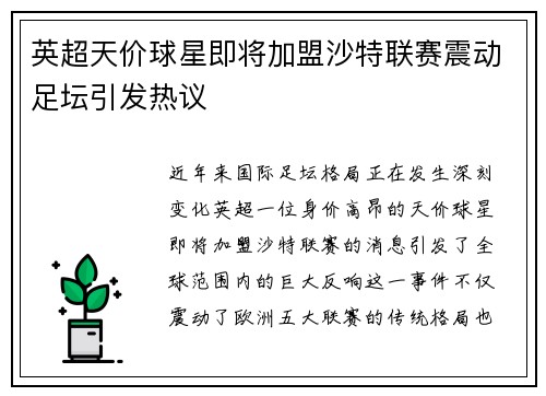 英超天价球星即将加盟沙特联赛震动足坛引发热议 英超天价球星即将加盟沙特联赛震动足坛引发热议