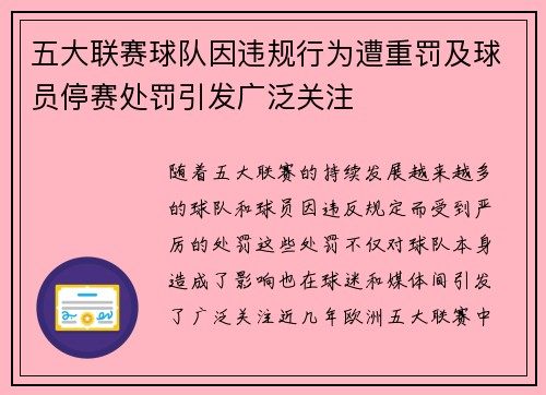 五大联赛球队因违规行为遭重罚及球员停赛处罚引发广泛关注