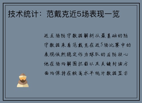 技术统计：范戴克近5场表现一览